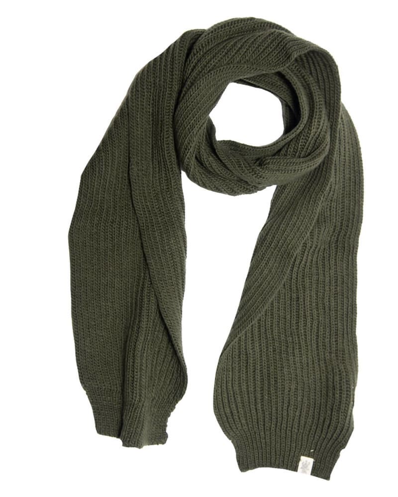 Front of a model wearing a size one-size-fits-all Laurent Rib Scarf In Olive in Olive by Nirvanna Designs. | dia_product_style_image_id:359654